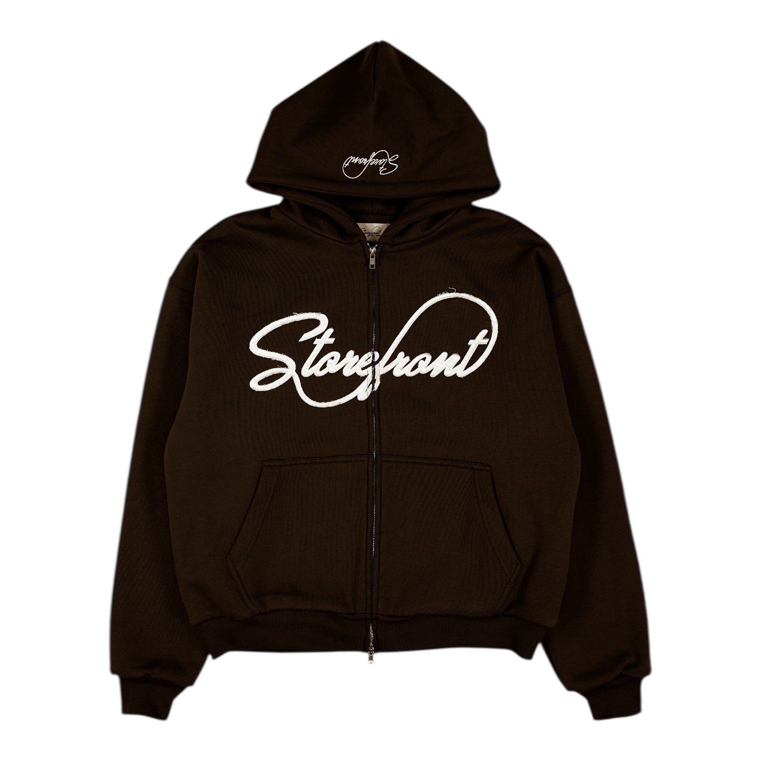 Script Appliqué Zip Up Hoodie (Brown)